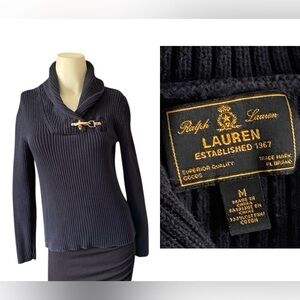Lauren Ralph Lauren Sweater Women M Black Label Ribbed Lobster Clasp Collar